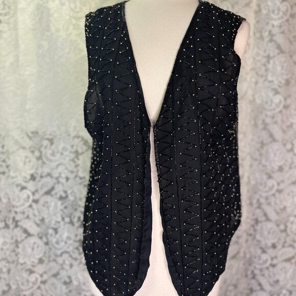 Vintage Black and Gold Beaded Vest Size 20 - Picture 1 of 4